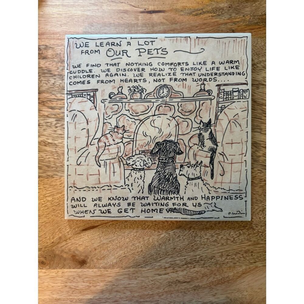 We Learn a Lot From Our Pets‎ Wall ceramic tile. hand drawn artwork Illustration